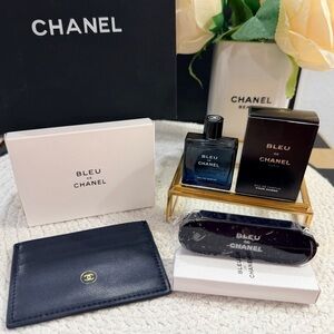 CHANEL Men's Accessories Set: Cardholder, Grooming Kit, Blue de Chanel EDP, Bag!